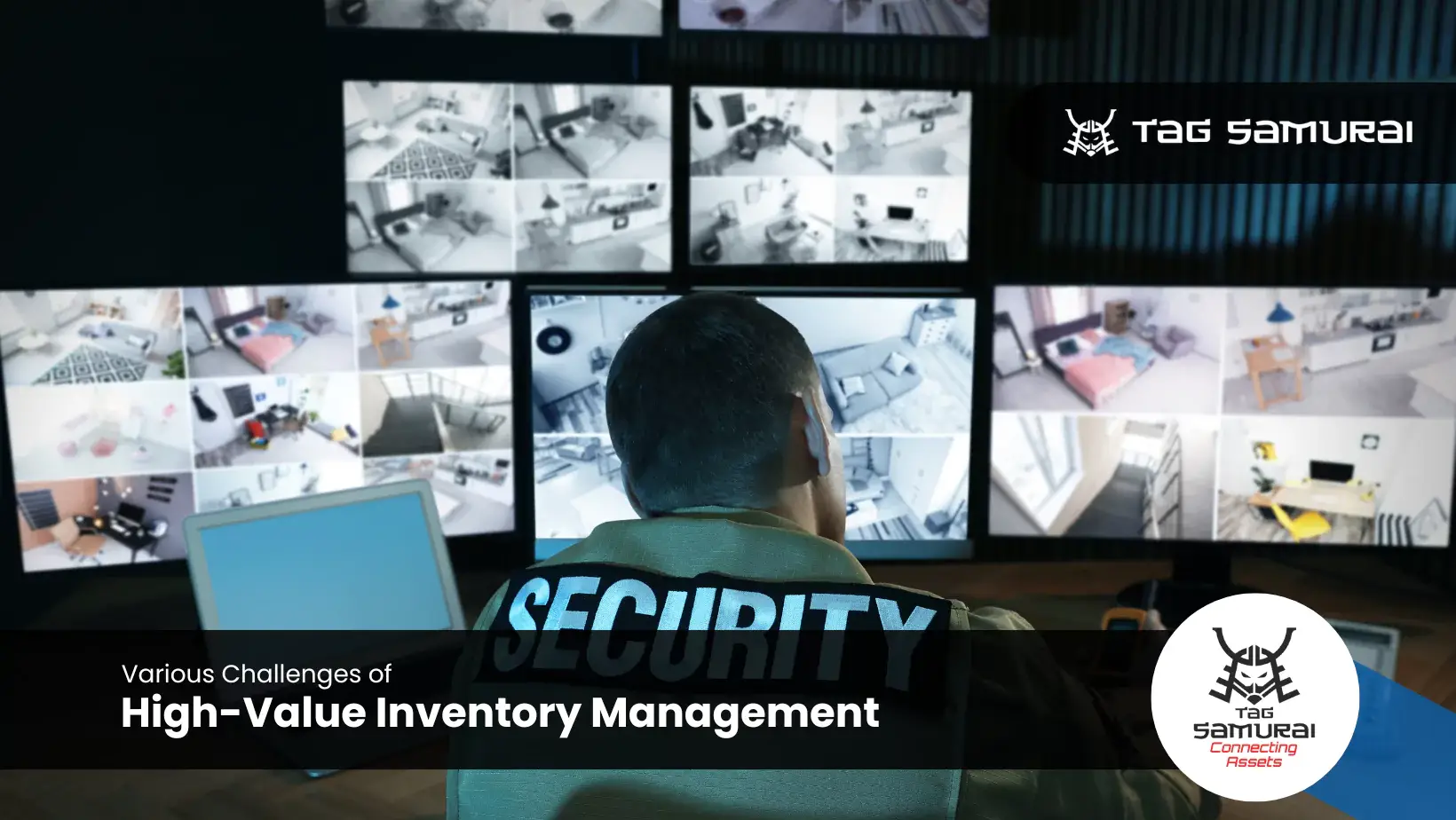 Illustration of security officer monitoring inventory room for high value item.