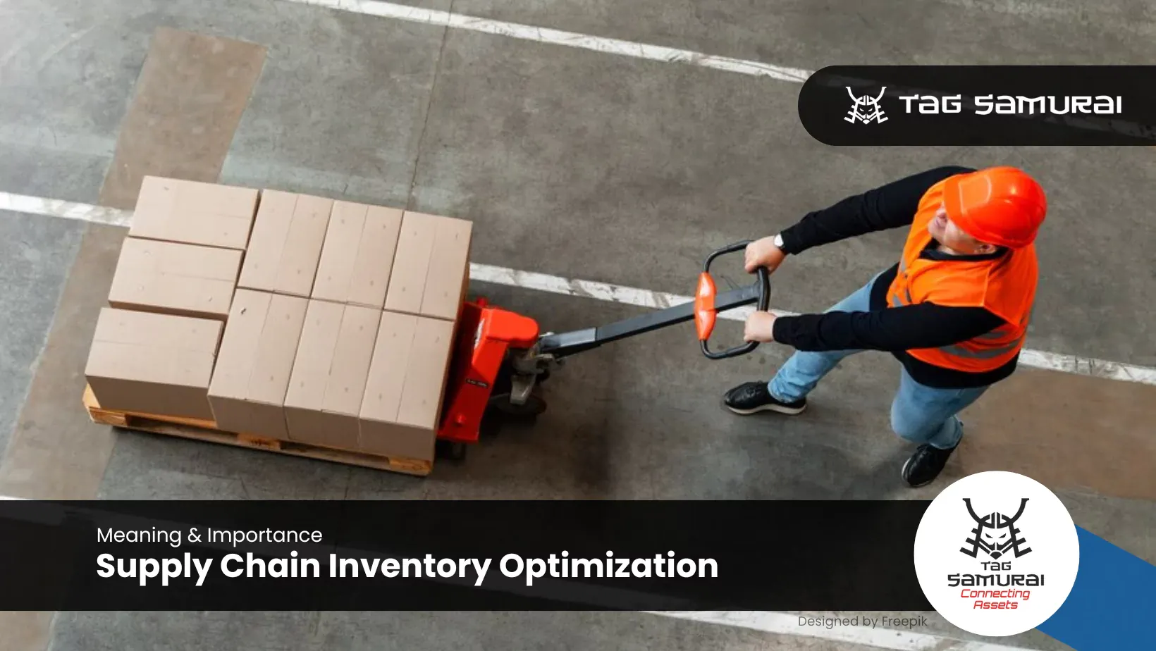 A warehouse worker pushing cart full of goods.