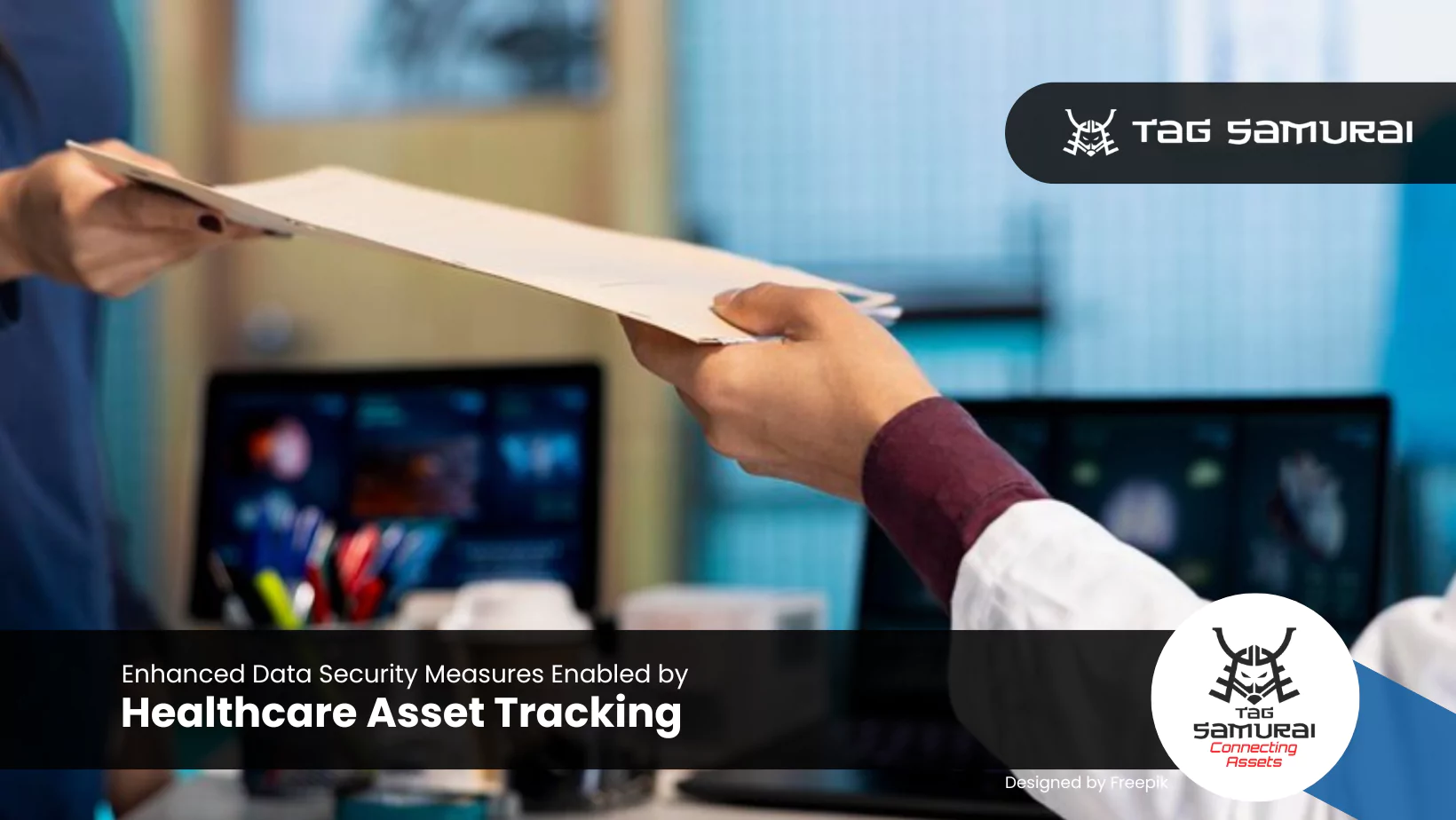 Hospital worker handing sensitive patient data that can be protected with a proper healthcare asset tracking.