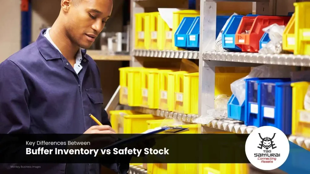 Warehouse worker managing inventory with organized bins, illustrating the key differences between buffer inventory and safety stock.